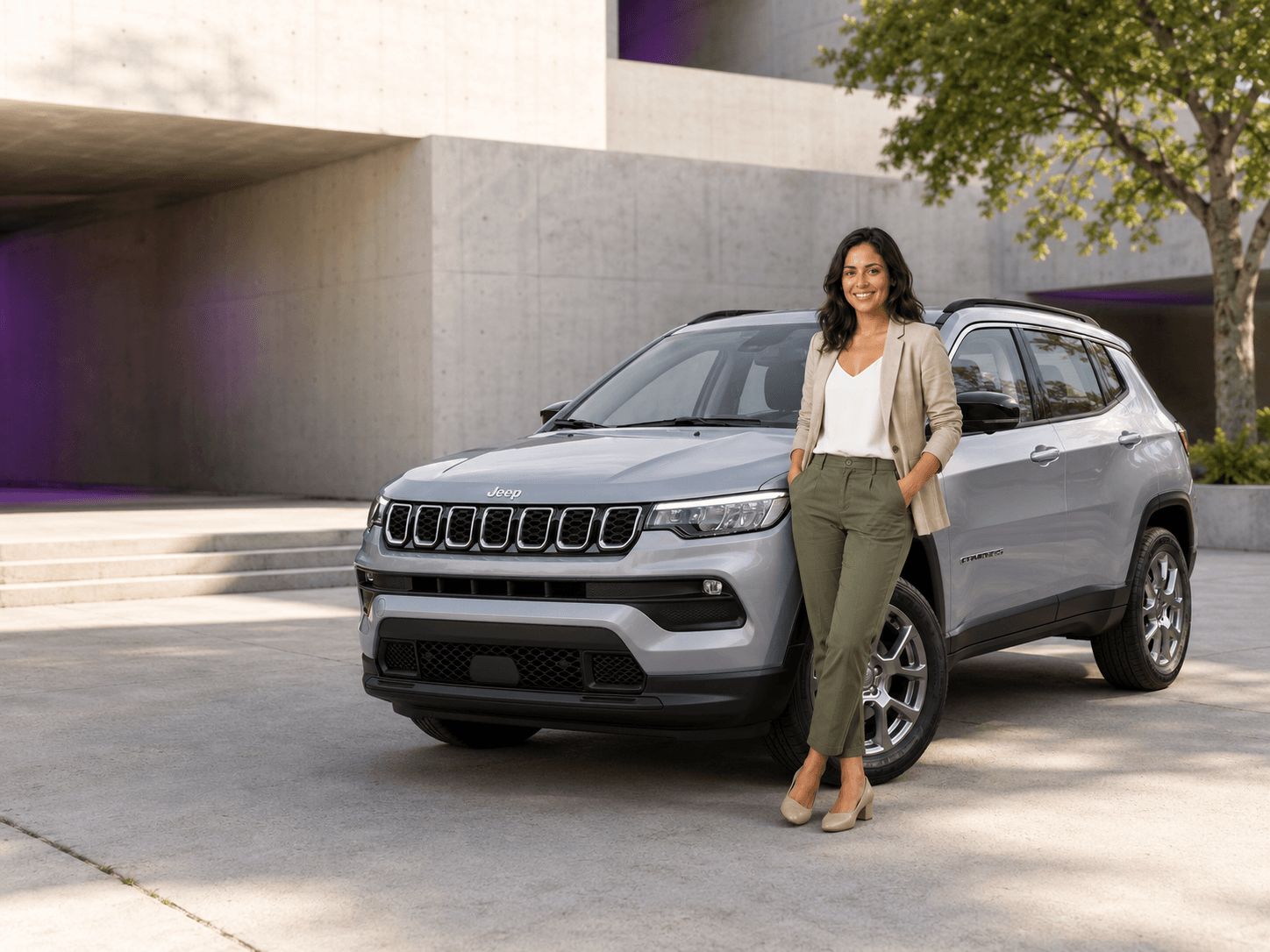 Mulher ao lado de um Jeep Compass prata